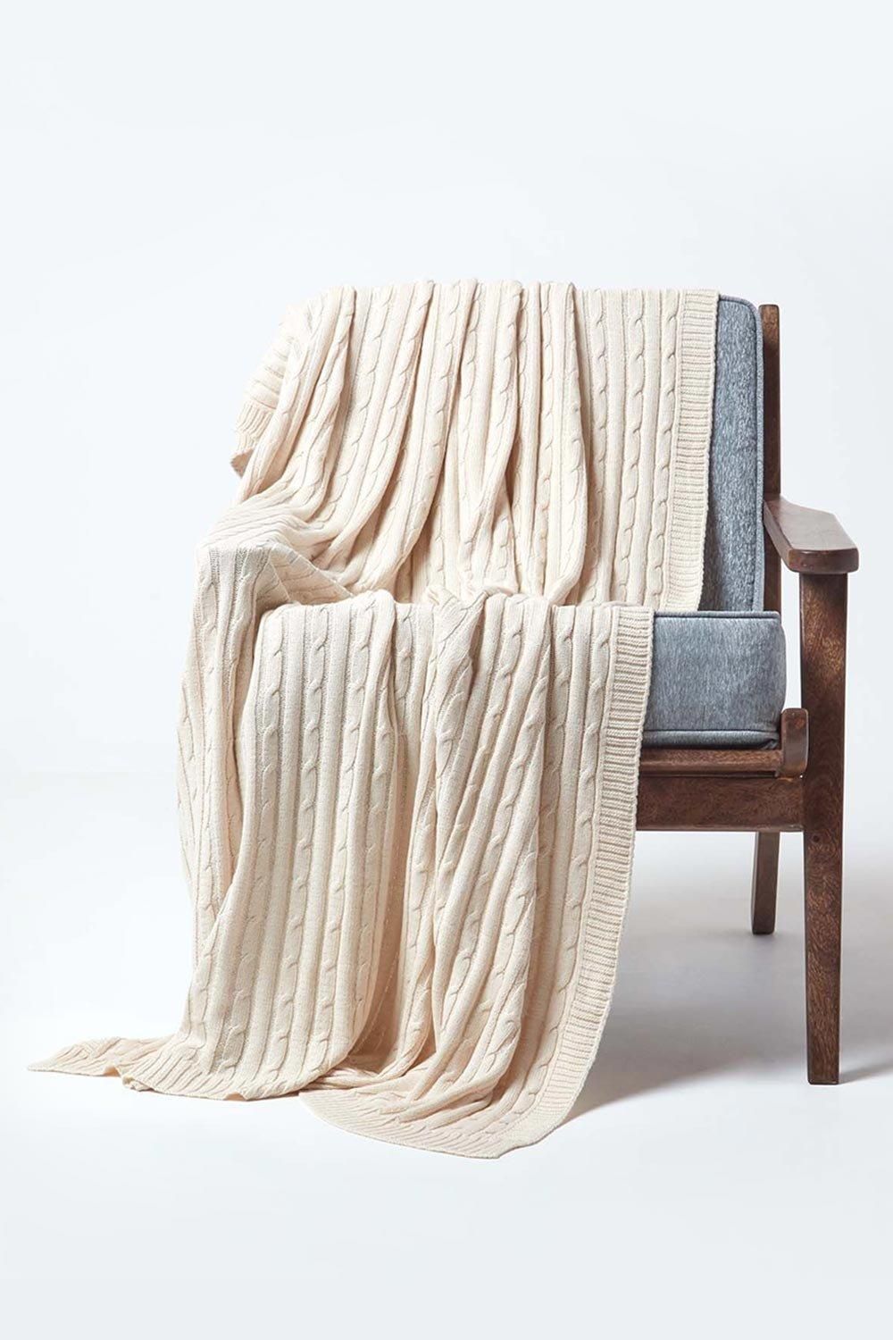 Homescapes Cotton Cable Knit Throw Soft & Cosy Vintage Blanket in Natural