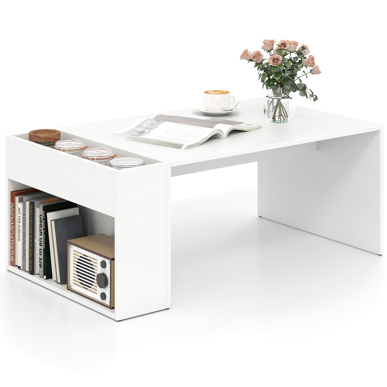 Costway Coffee Table 85cm Coffee Table with Double-Layer Storage Space in White