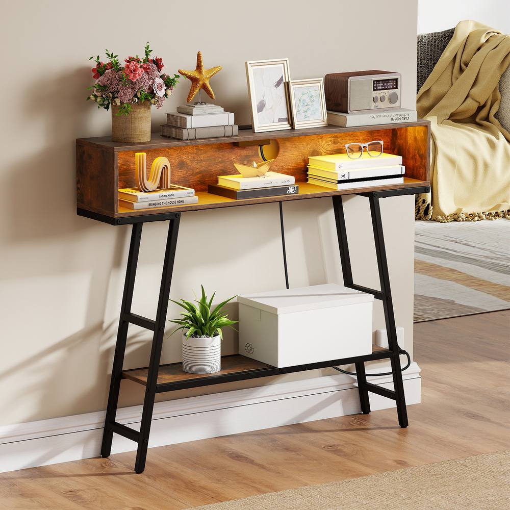 Costway 3-Tier Console Table Entryway Table Narrow Sofa Table w/ LED Light in Brown