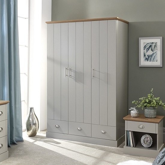 Ervin Wide Wardrobe In Soft Grey With Oak Effect Top