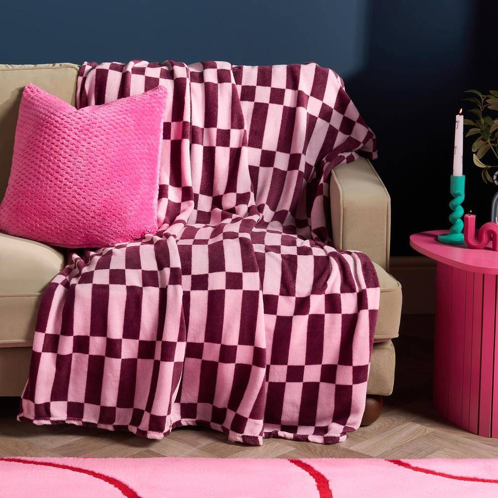 OHS Checkerboard Flannel Fleece Throw Blanket Soft Bedspread in Burgundy