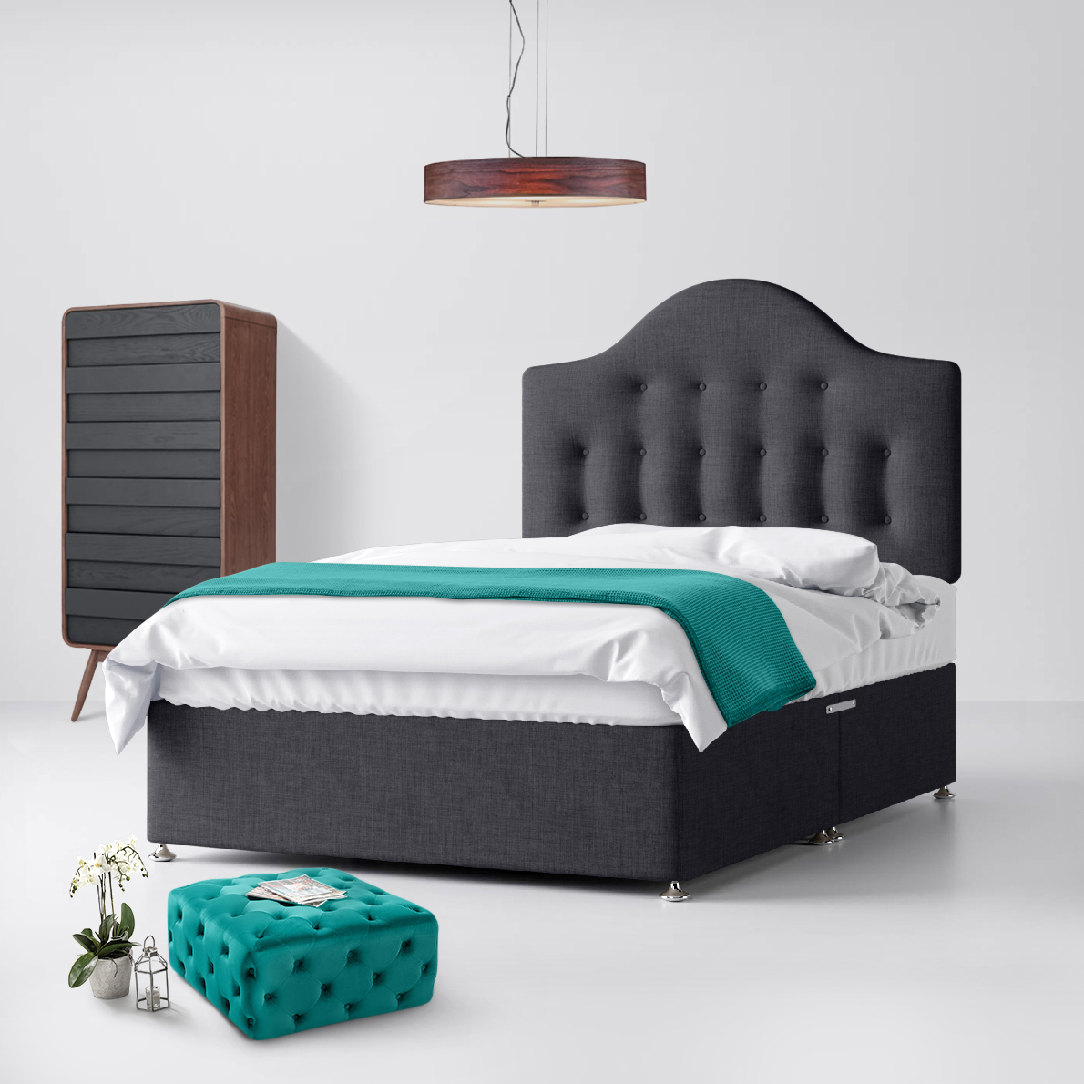 Victor Buttoned Charcoal Fabric Ottoman Divan Bed - 4ft Small Double