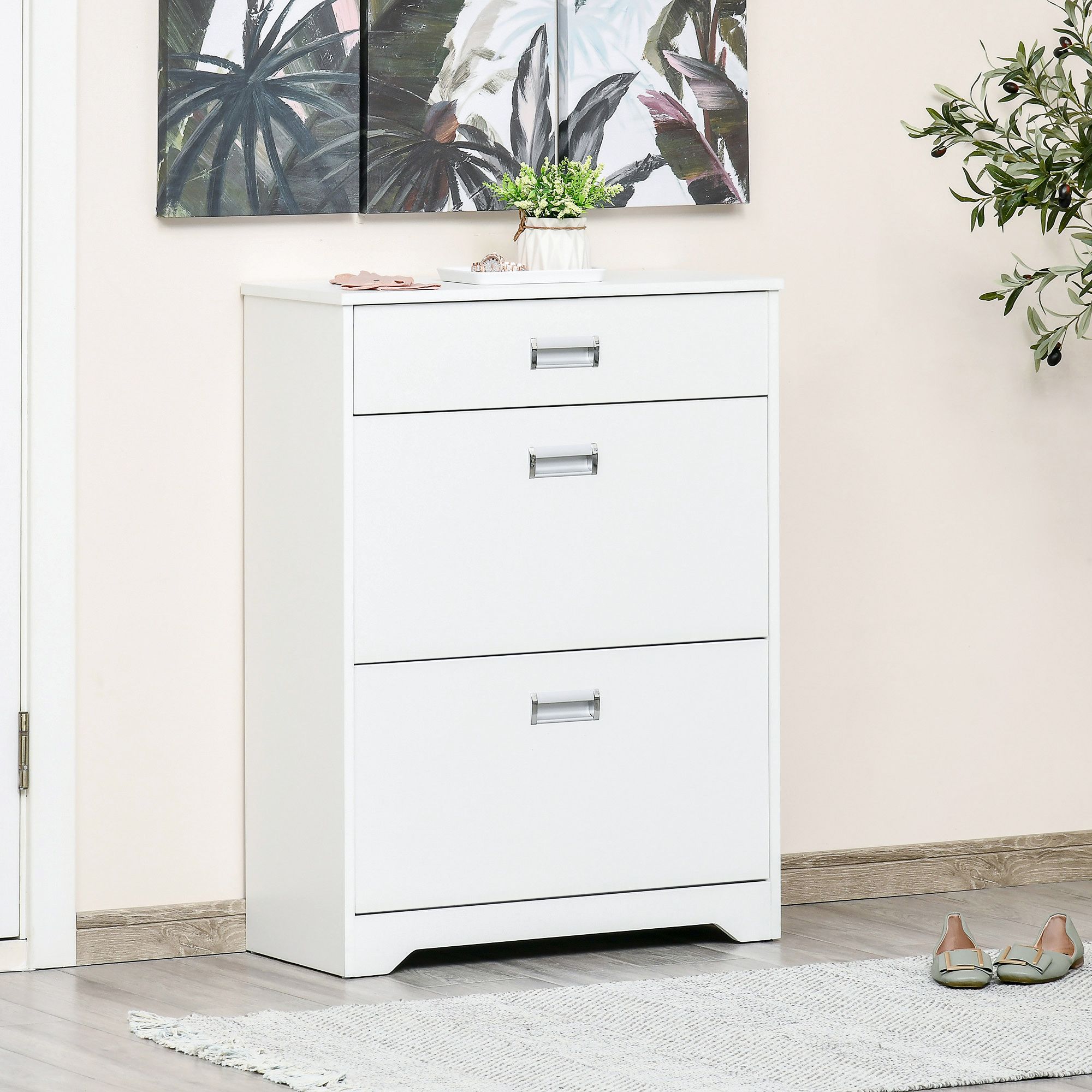 HOMCOM Tipping Shoe Cabinet Hall Organizer with Flip Drawers in White