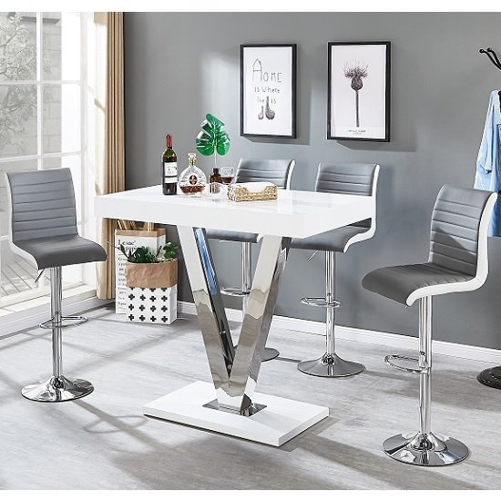 Vienna Bar Table In White Gloss And 4 Ritz Grey Bar Stools