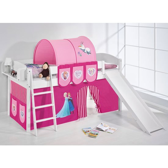 Lilla Slide Children Bed In White With Frozen Pink Curtains