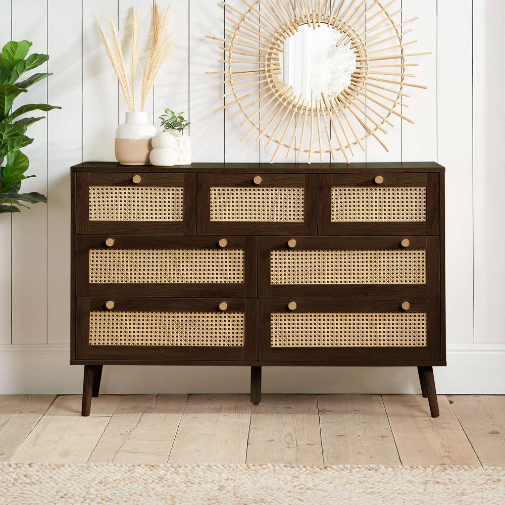 Birlea Walnut Chest of 7 Drawers Rattan Croxley Mid Century Modern