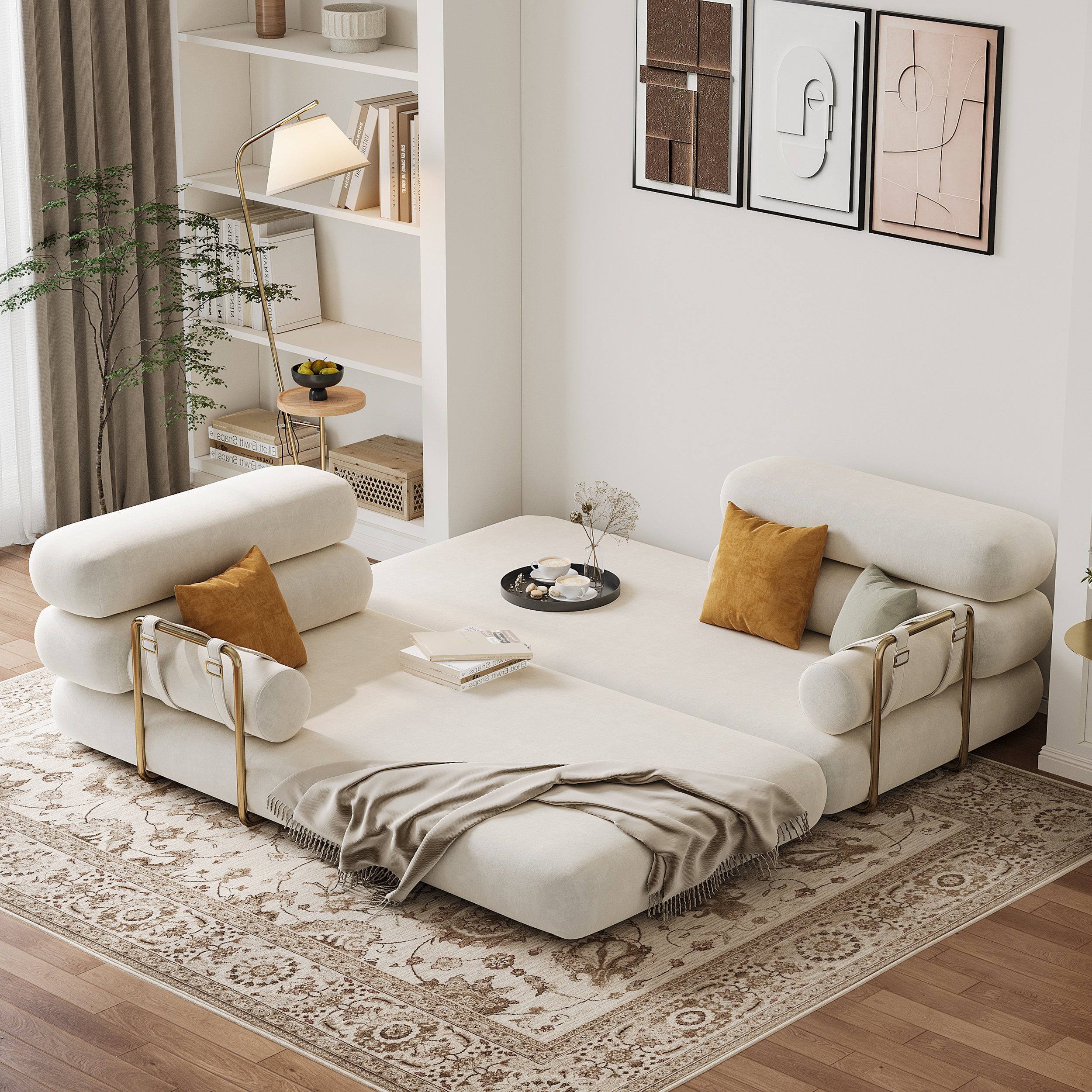 King Size Beige Velvet Convertible Sleeper Couch 205 cm Modern 3-Seater Futon Sofa Bed