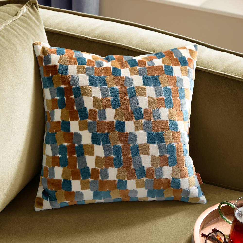 Furn Metro Blocks Velvet Jacquard Square Cushion in Orange