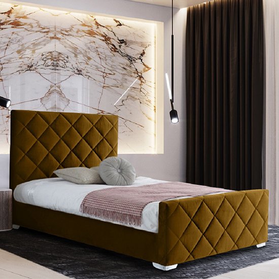 Effingham Plush Velvet Small Double Bed In Mustard