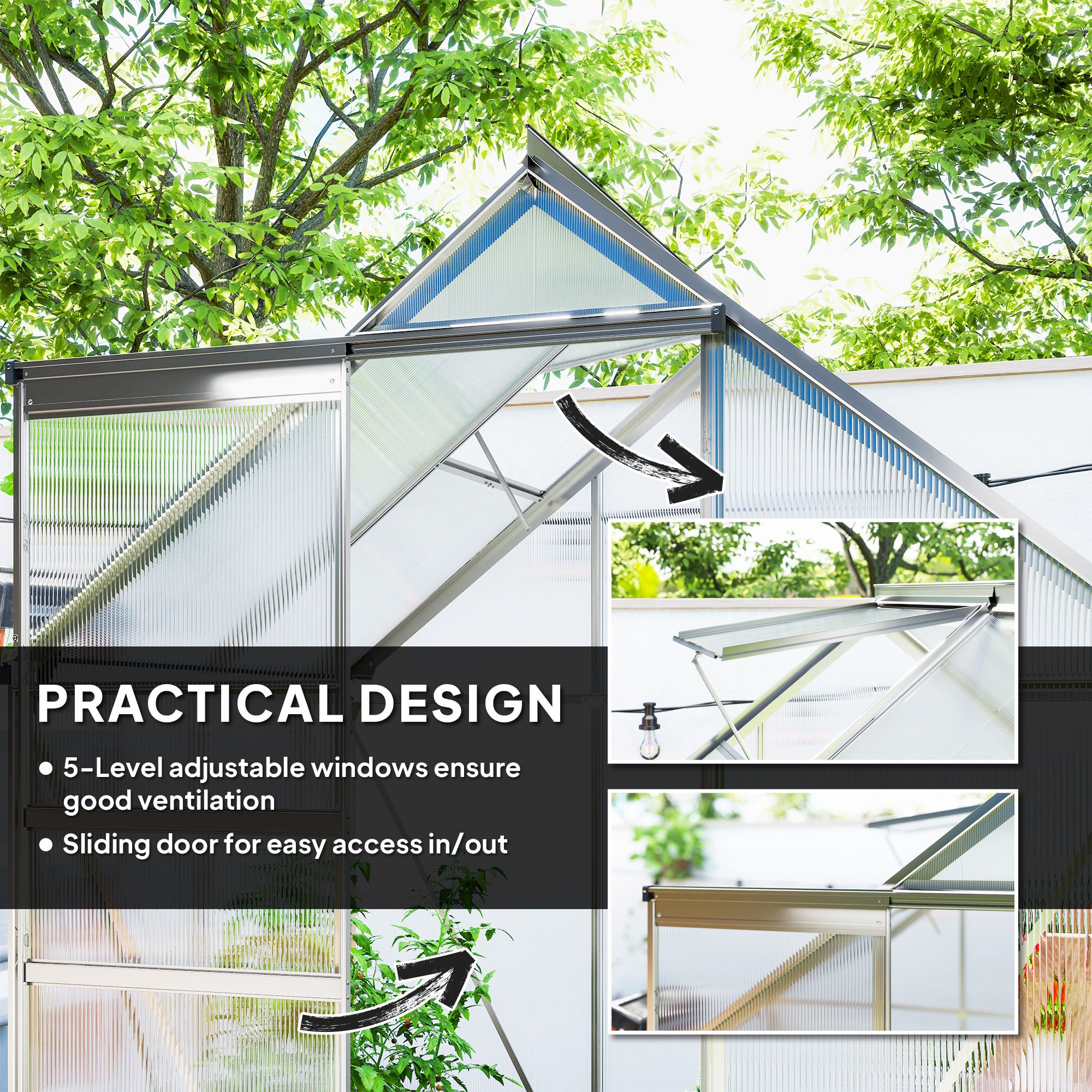 OUTSUNNY Polycarbonate Walk-in Garden Greenhouse w/ Sliding Door Silver Tone 6