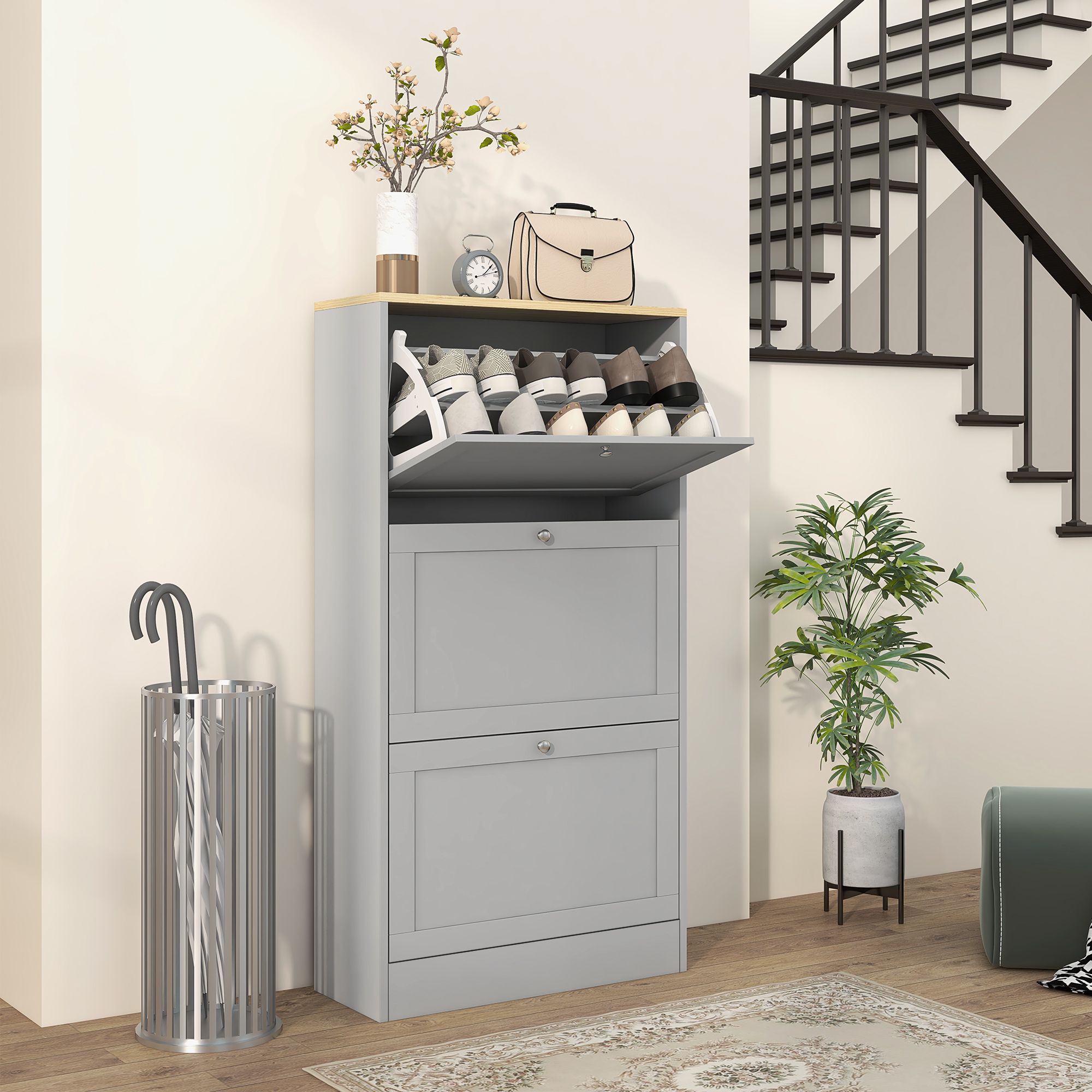 HOMCOM Narrow Shoe Cabinet with 3 Flip Drawers for 12-18 Pairs of Shoes Grey