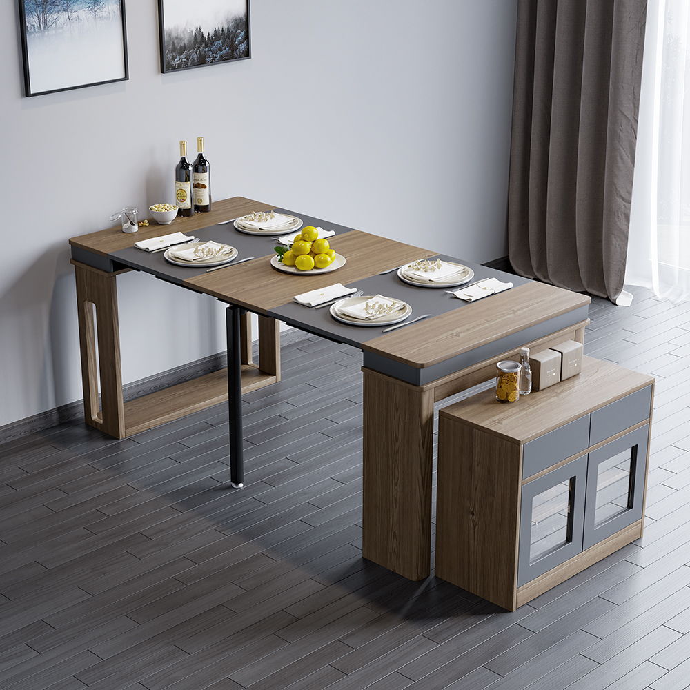 Modern Extendable Dining Table Rectangle Sideboard with Storage in Walnut & Gray