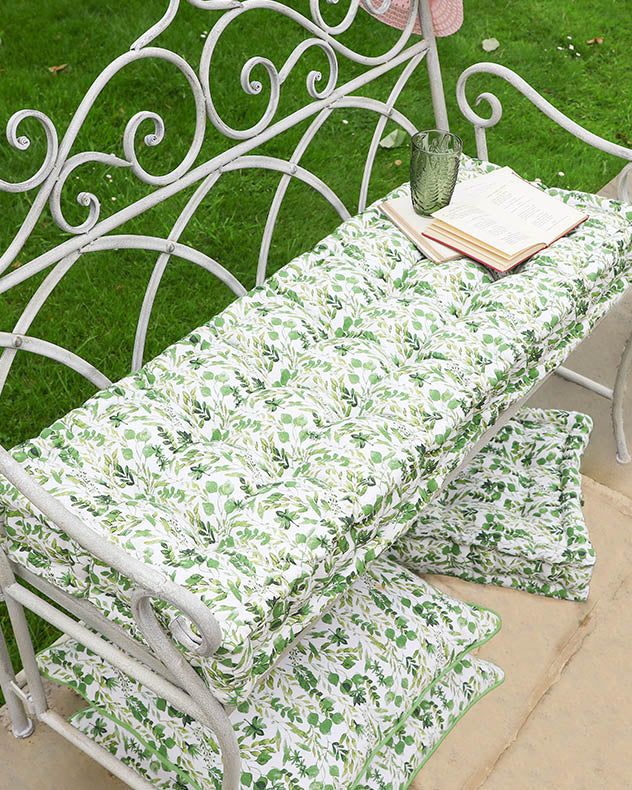 Dibor Vintage Green Leaf Print Cotton Outdoor Furniture Garden Bench Pad L112cm x W44cm