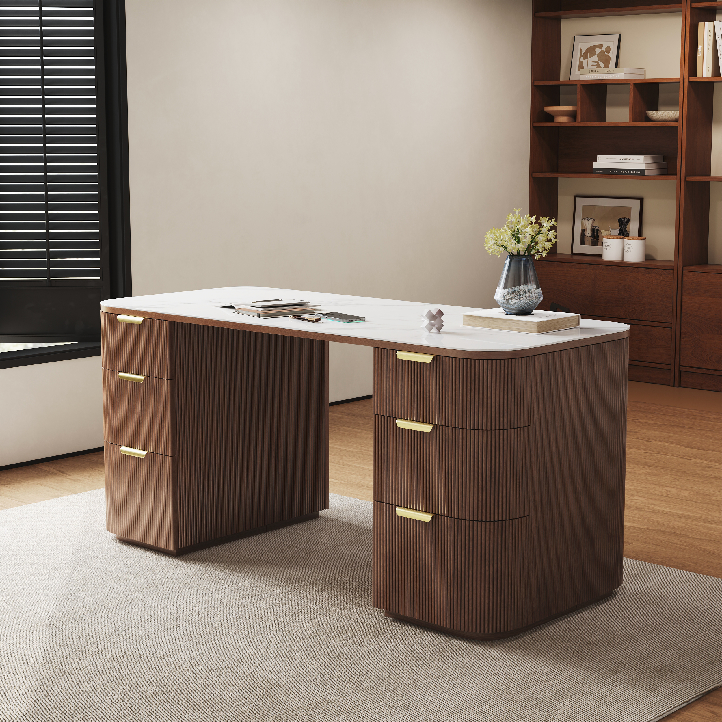 Walnut Ash Wood & Sintered Stone Rectangle Desk with 6 Drawers (1620mm)