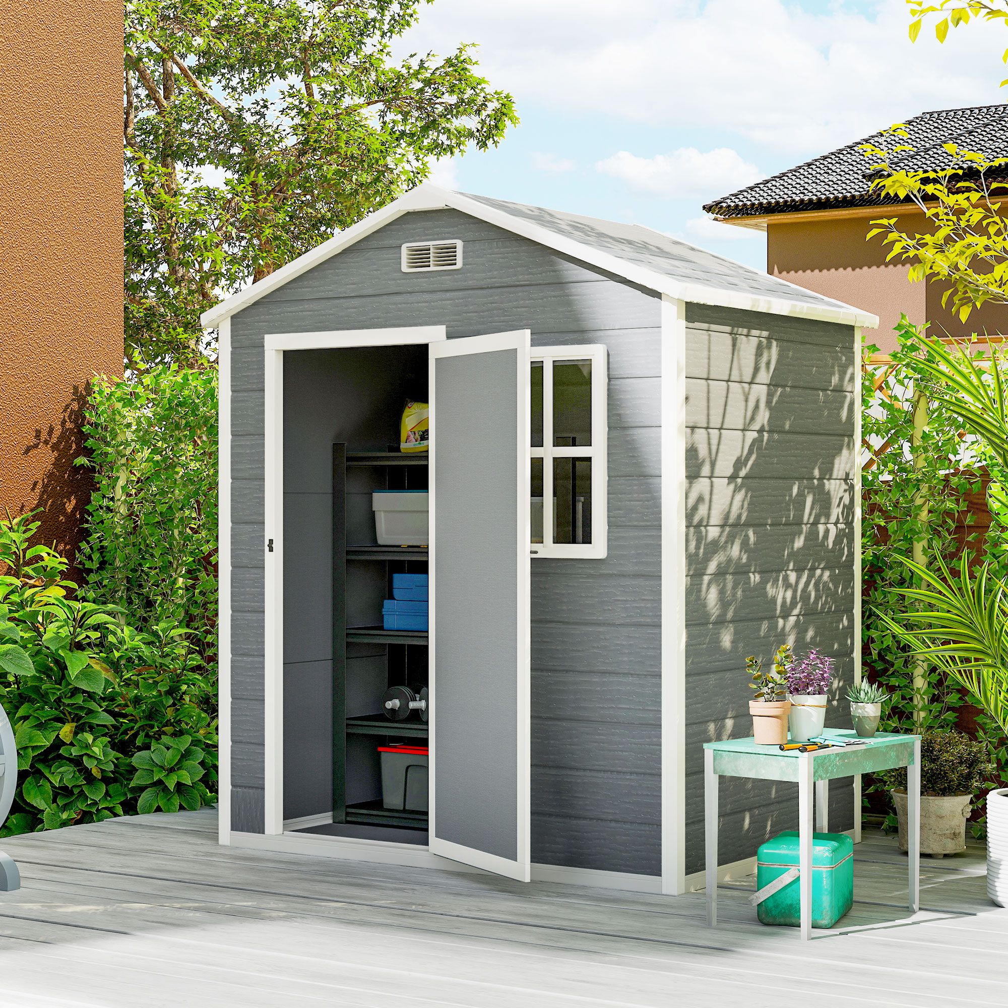 OUTSUNNY 6 x 4ft Resin Garden Shed with Floor & Window, Grey
