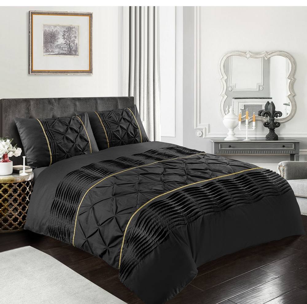 Homes-Linen Luxury Eleanor Pintuck Stripes Duvet Cover Set in Black