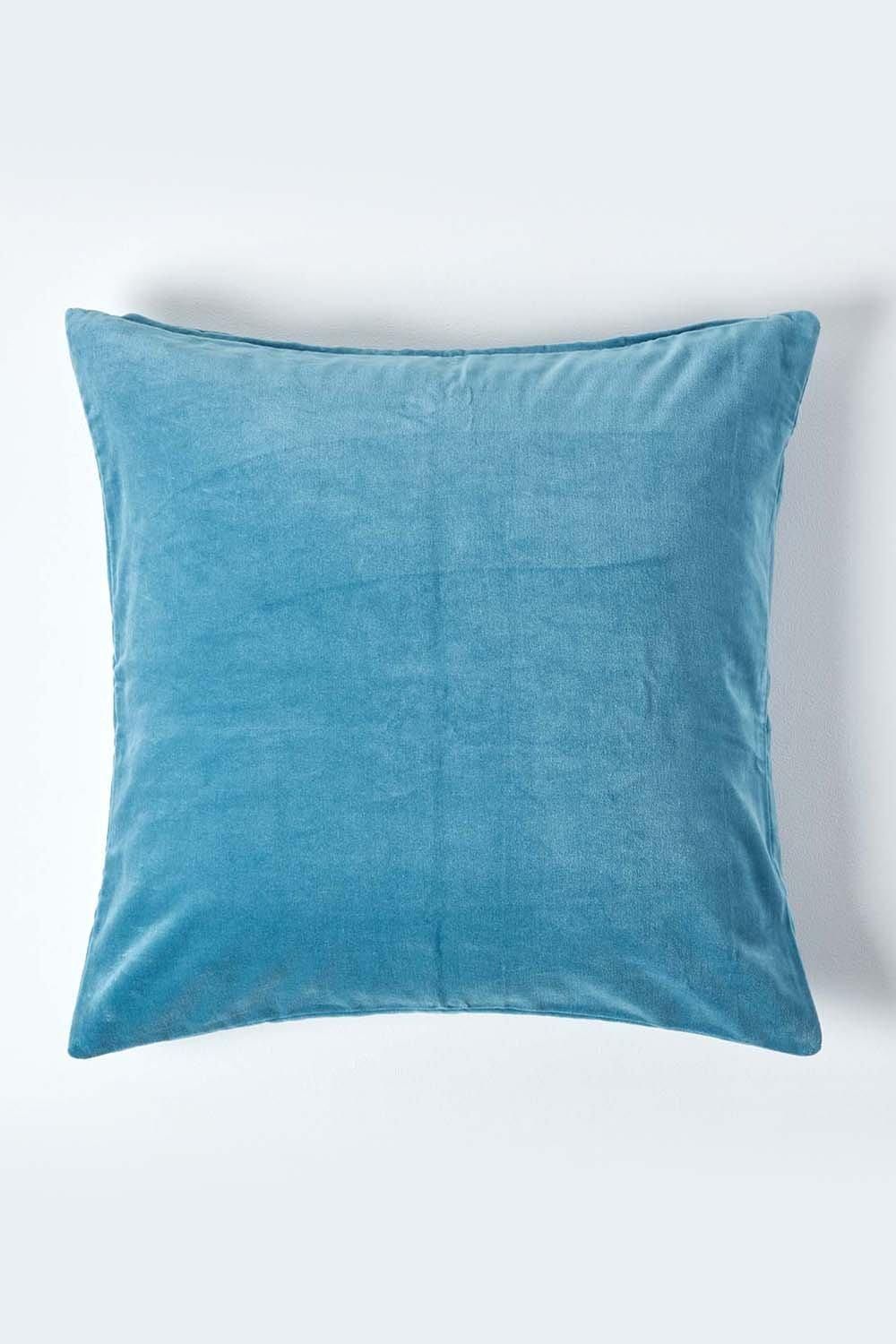 Homescapes Velvet Cushion Cover 100% Cotton, Soft & Machine Washable in Blue