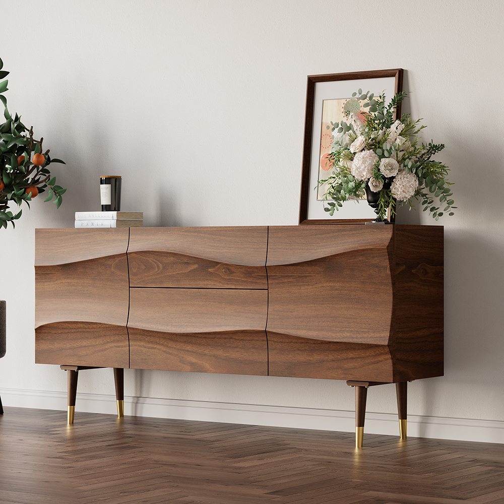 Lake Walnut Sideboard Credenza with Storage Buffet Kitchen Cabinet Wavy Mid-Century