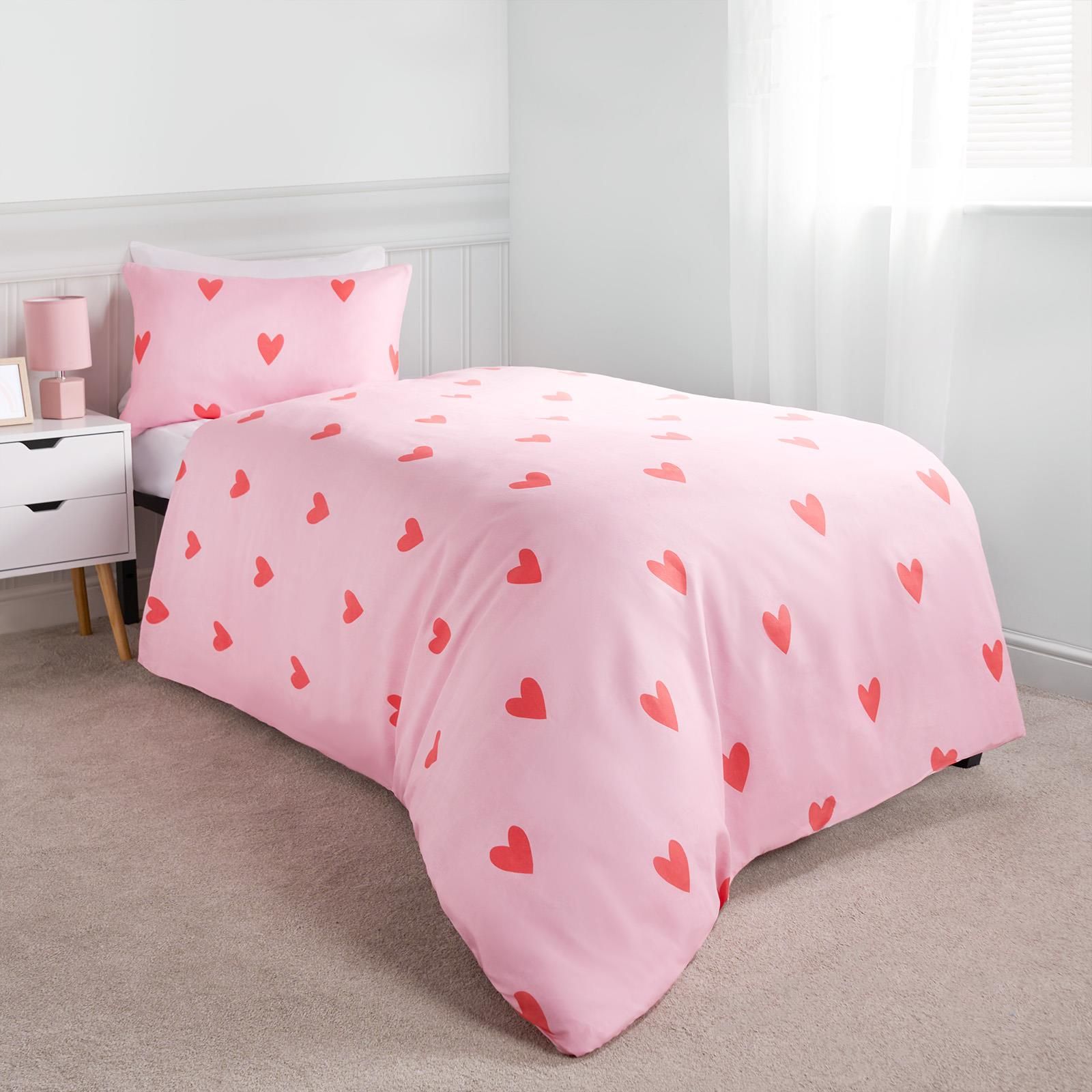 OHS Gingham Duvet Cover Bedding Set Microfibre Quilt Pillowcase Heart Check in Pink
