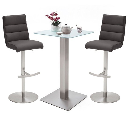Soho Glass Bar Table With 2 Hiulia Anthracite Leather Stools
