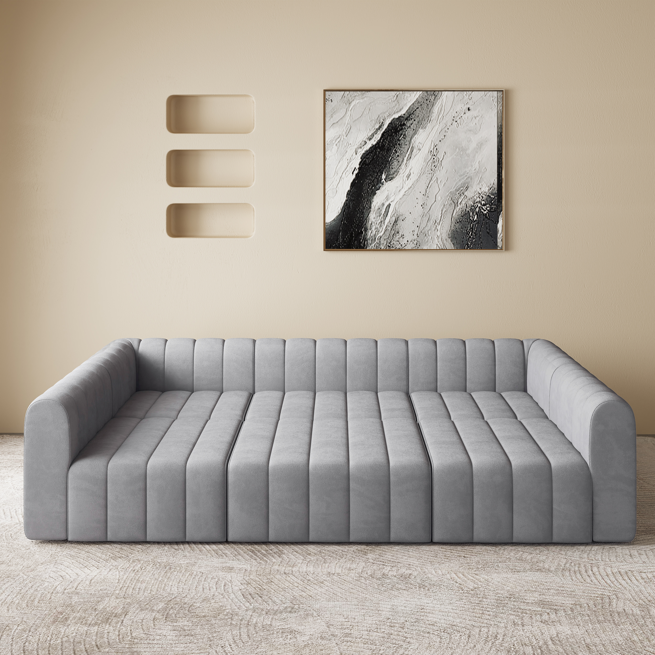 3020mm Modern Grey Velvet Modular Pit Sectional Sofa Set Convertible 6-Seater Upholstered