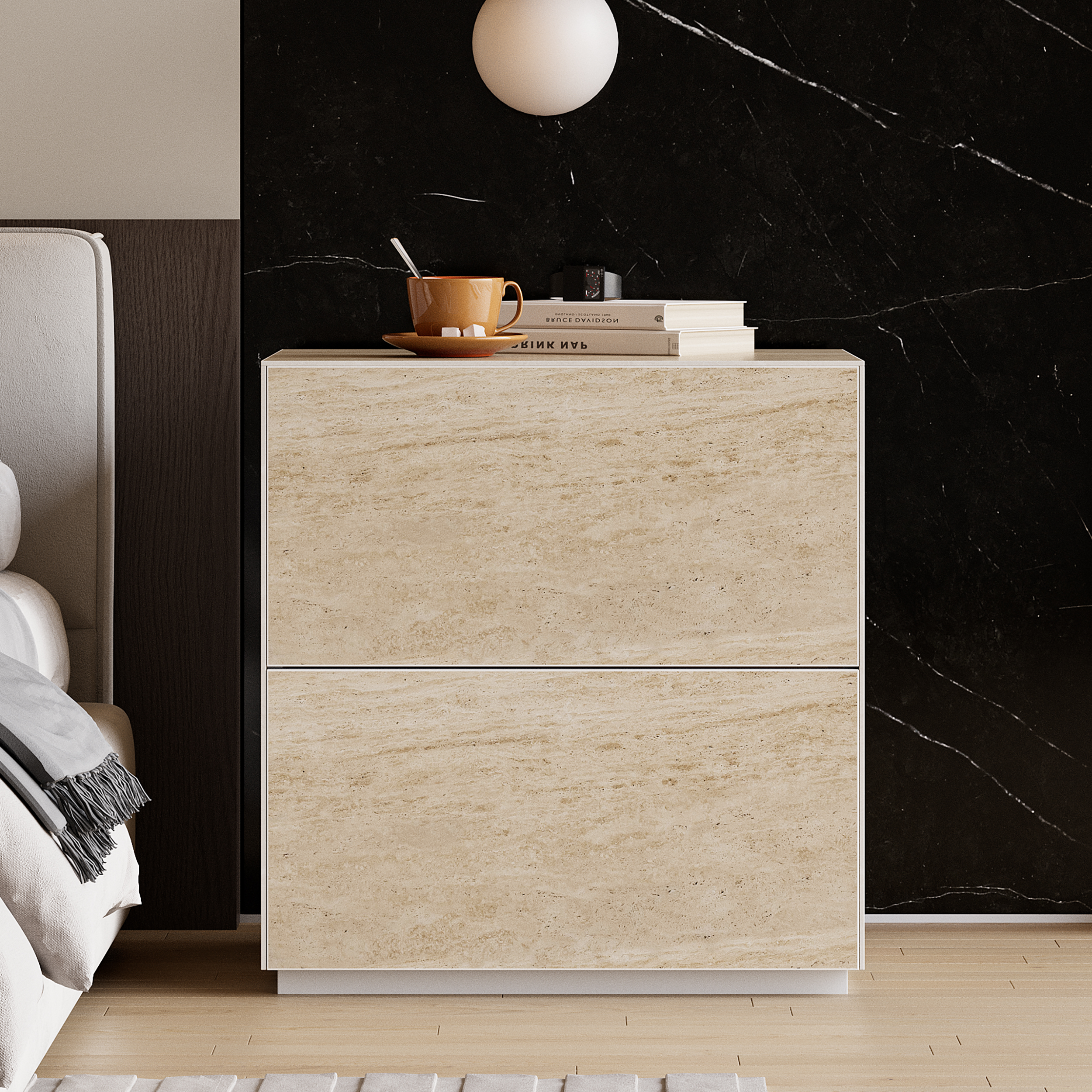 Modern 600 mm W Faux Travertine Bedside Table 2 Drawer Bedside Table