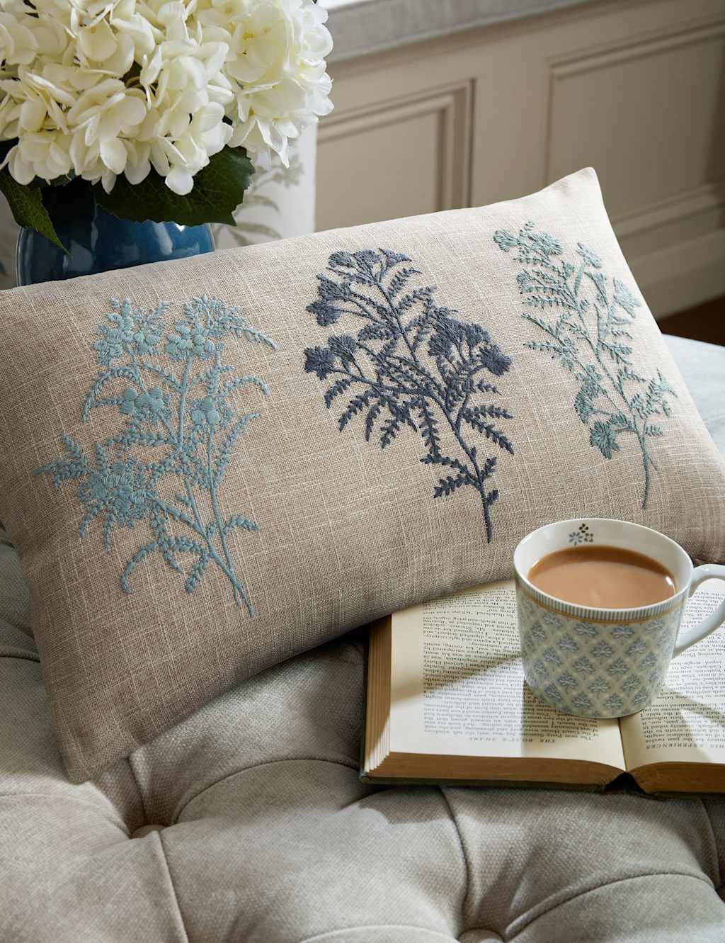 Laura Ashley Tenby Floral Embroidered Bolster Cushion Blue Mix