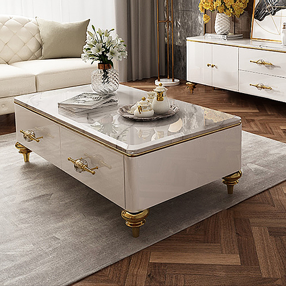 Modern 130 cm White Marble Coffee Table with 4 Drawers