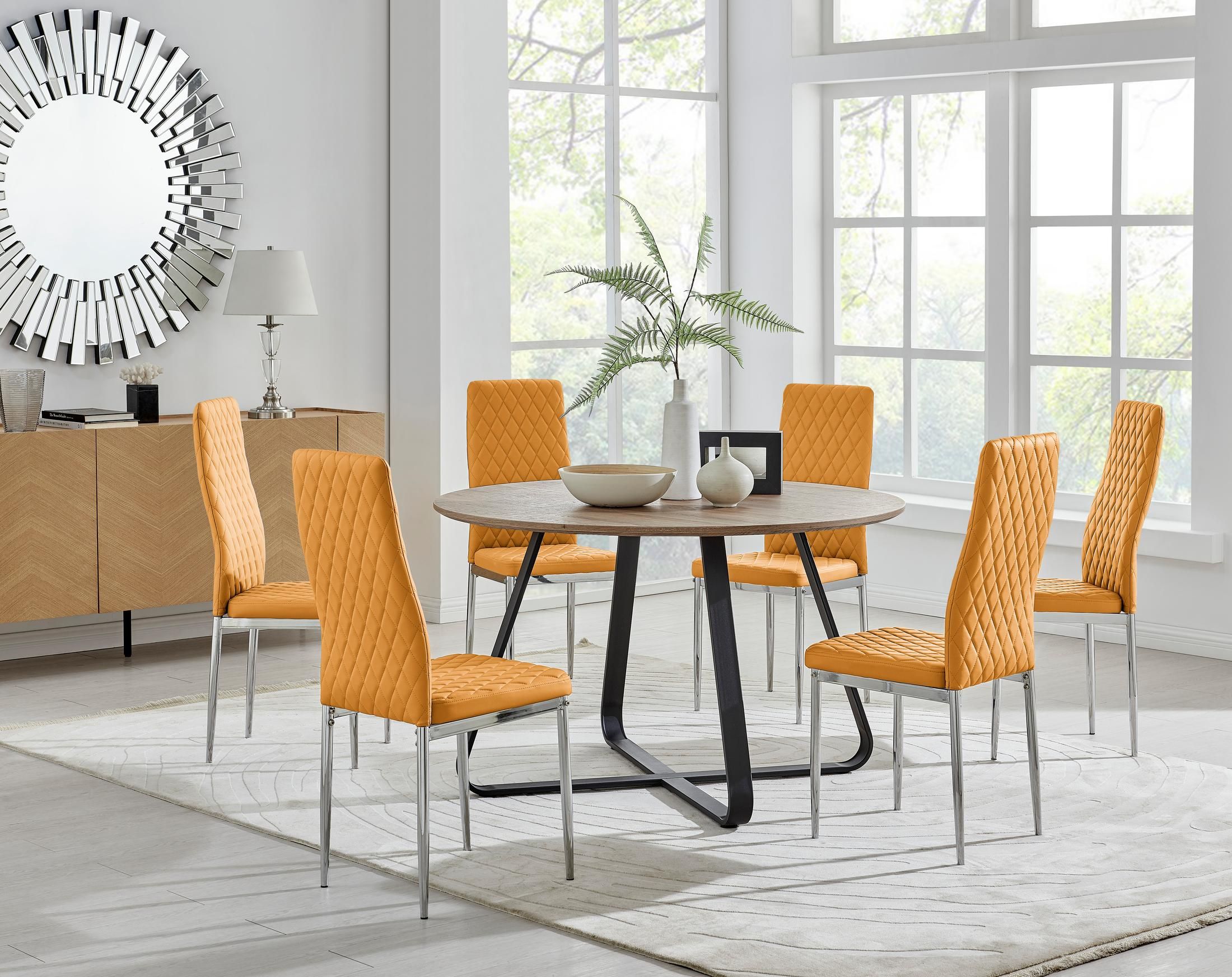 FurnitureboxUK Santorini Brown Wood Effect Dining Table & 6 Milan Chrome Leg Chairs in Mustard