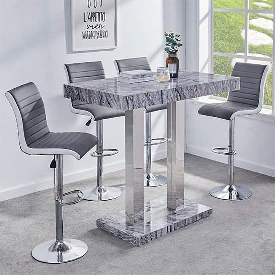 Melange Gloss Marble Effect Bar Table 4 Grey White Bar Stool
