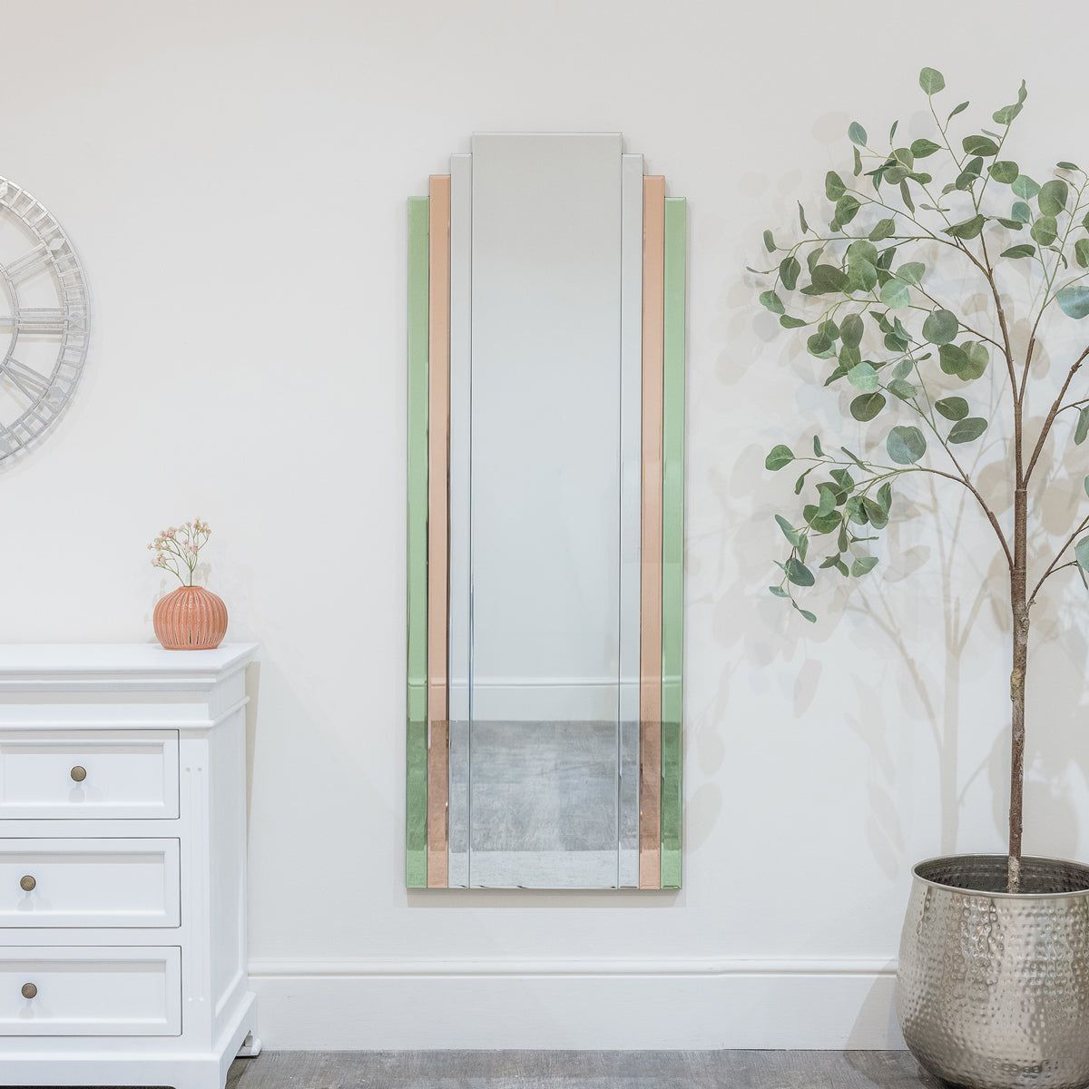 Melody Maison Large Frameless Pink & Green Glass Art Deco Wall Mirror 52cm X 142cm