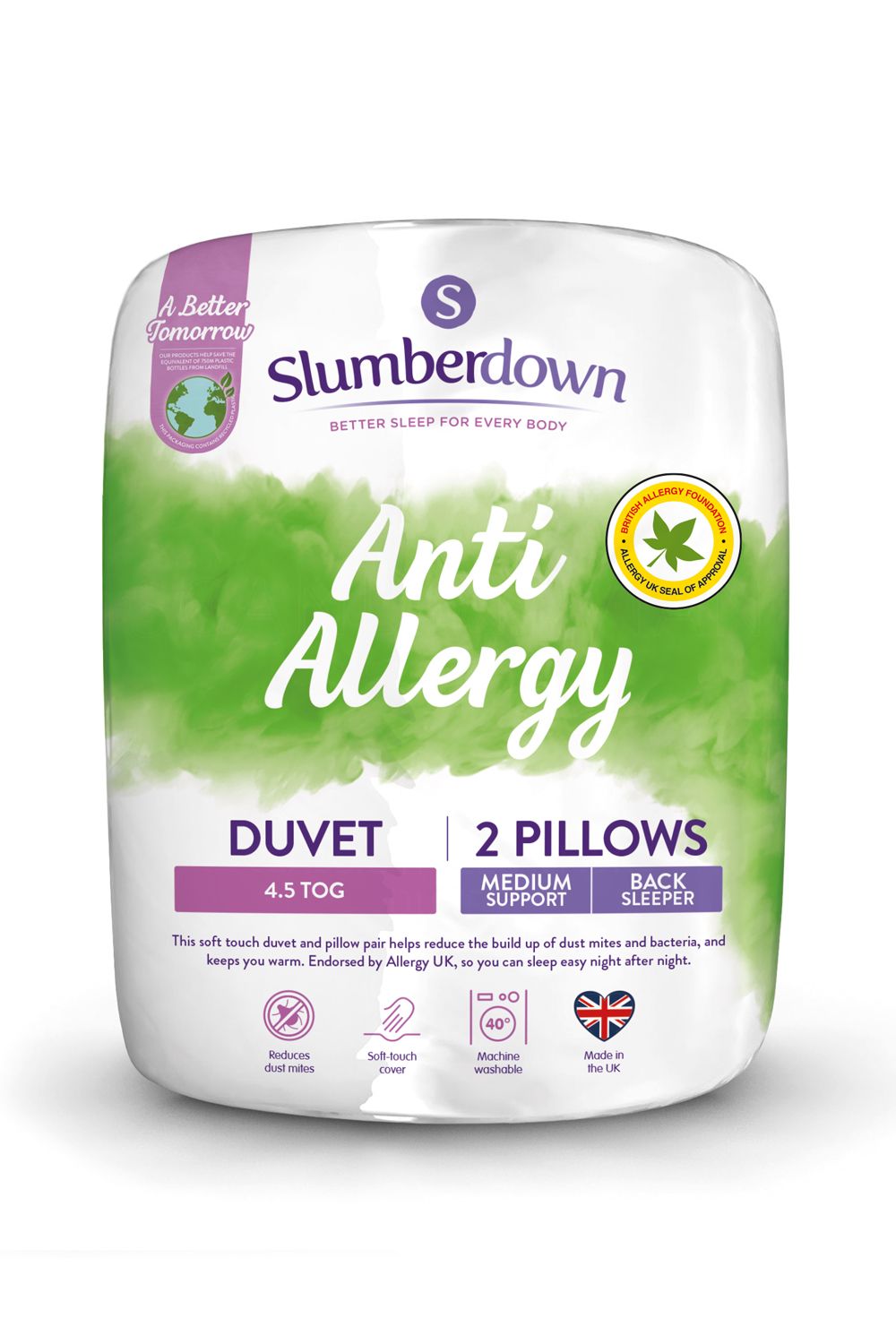 Slumberdown Anti Allergy 4.5 Tog Summer Duvet With 2 Pillows in White