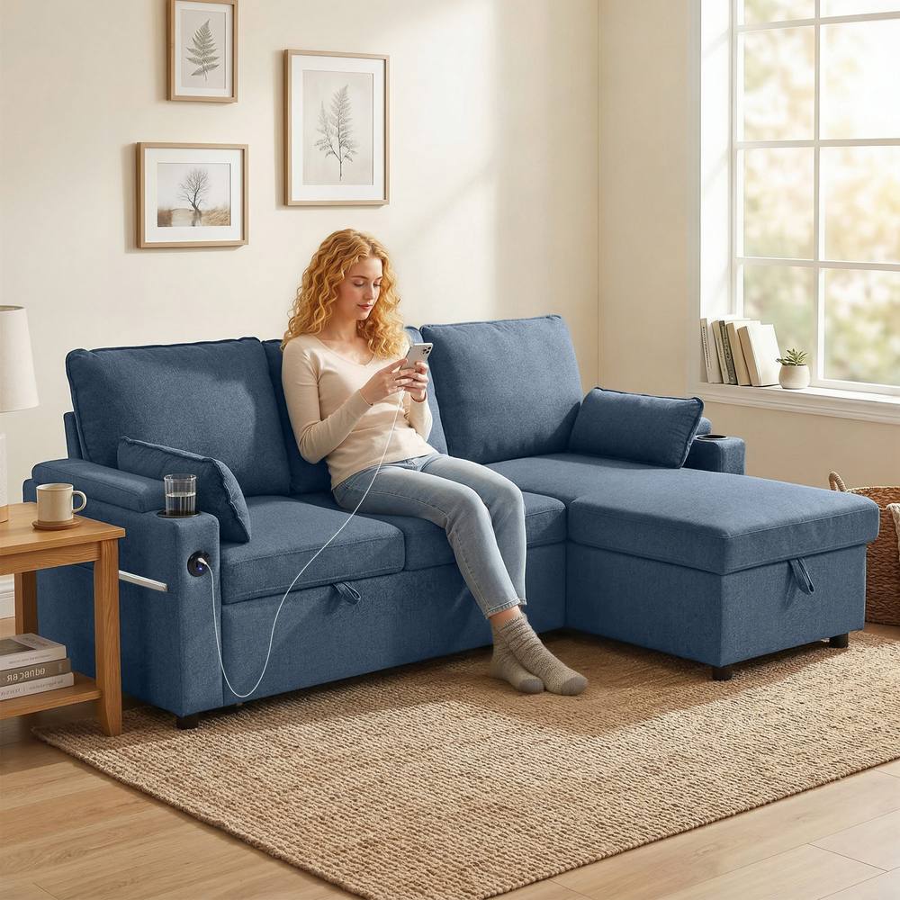 HOMCOM Corner Sofa Bed, L Shaped Sofa with Storage Chaise, USB Ports in Blue
