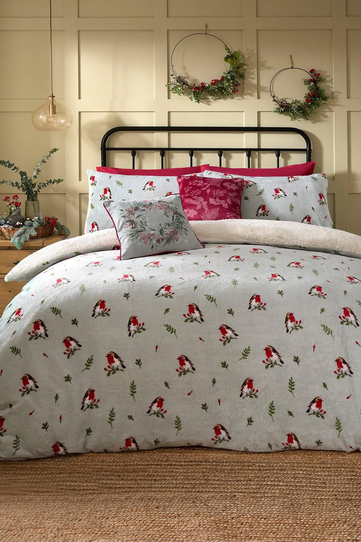 Dreams & Drapes 'Winter Robin' Plush Duvet Cover Set in Duck Egg Blue 4