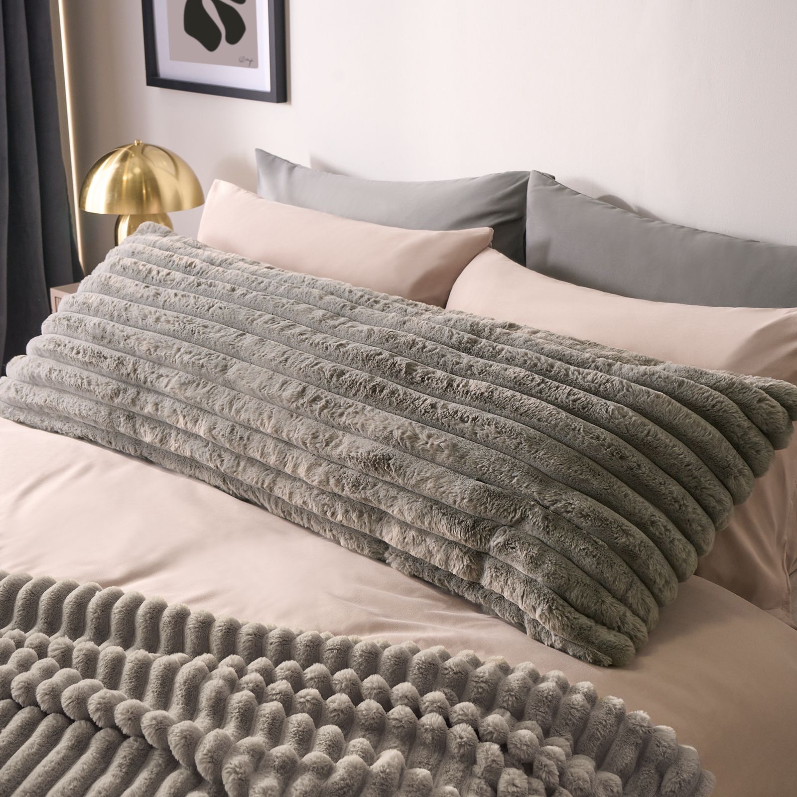 OHS Ribbed Faux Fur Bolster Pillow Soft Maternity Support Cushion in Grey