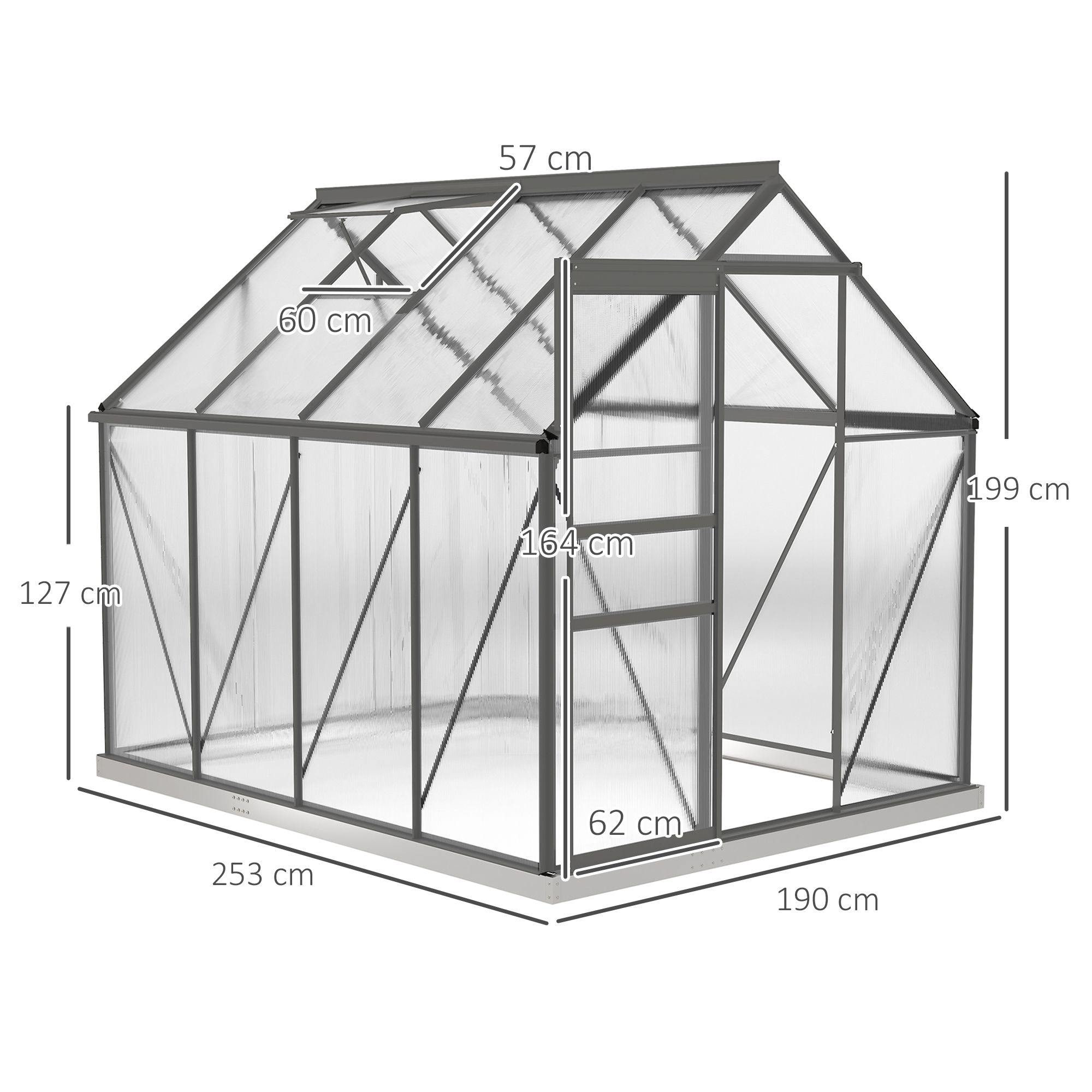 OUTSUNNY Polycarbonate Walk-in Garden Greenhouse w/ Sliding Door Dark Grey 3