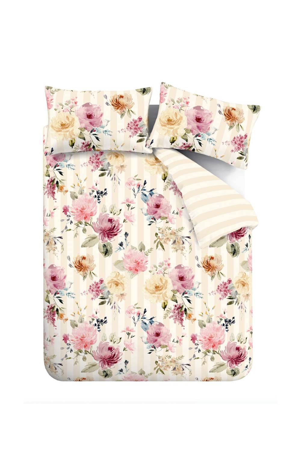 Catherine Lansfield Floral Stripe So Soft Reversible Duvet Cover Set in Cream 5