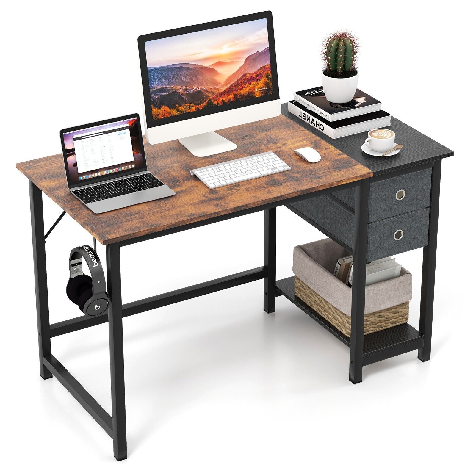 Costway 120 cm Home Office Desk Writing Desk Modern Computer Workstation with 2 Drawers in Brown