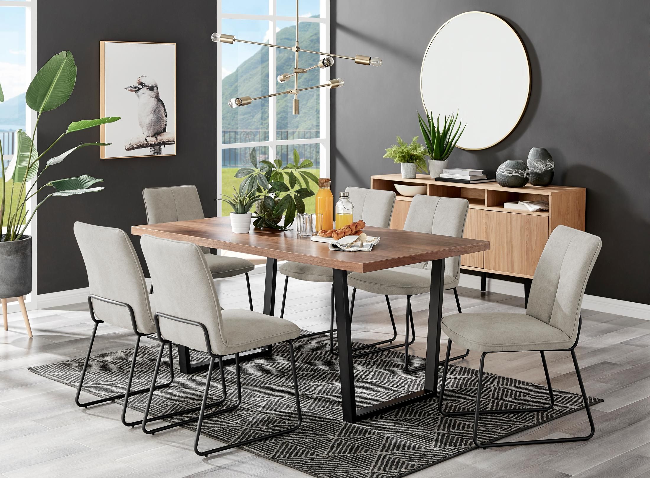 FurnitureboxUK Kylo Large Brown Wood Effect Dining Table & 6 Cream Halleyy Fabric Chairs in Taupe