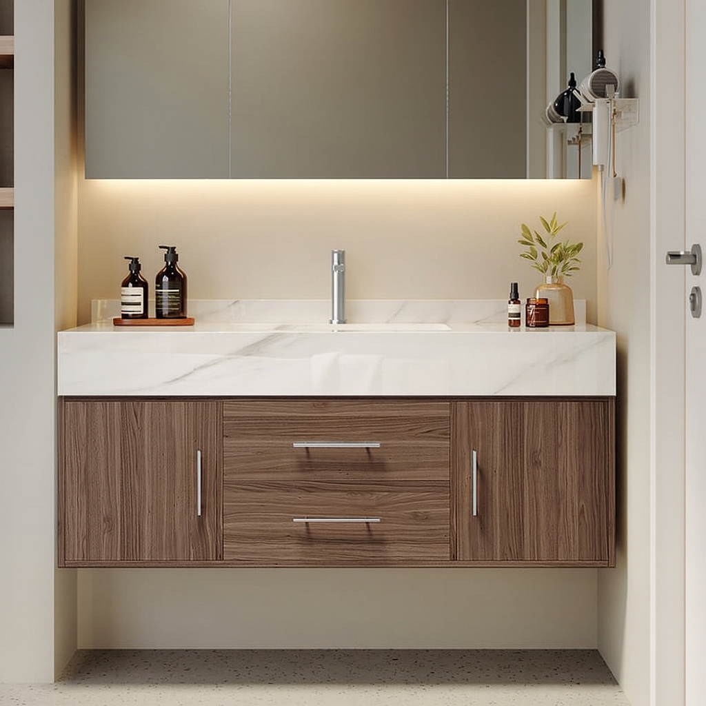 1000mm Walnut Floating Bathroom Vanity Set Stone Top Wall Mounted Bathroom Cabinet