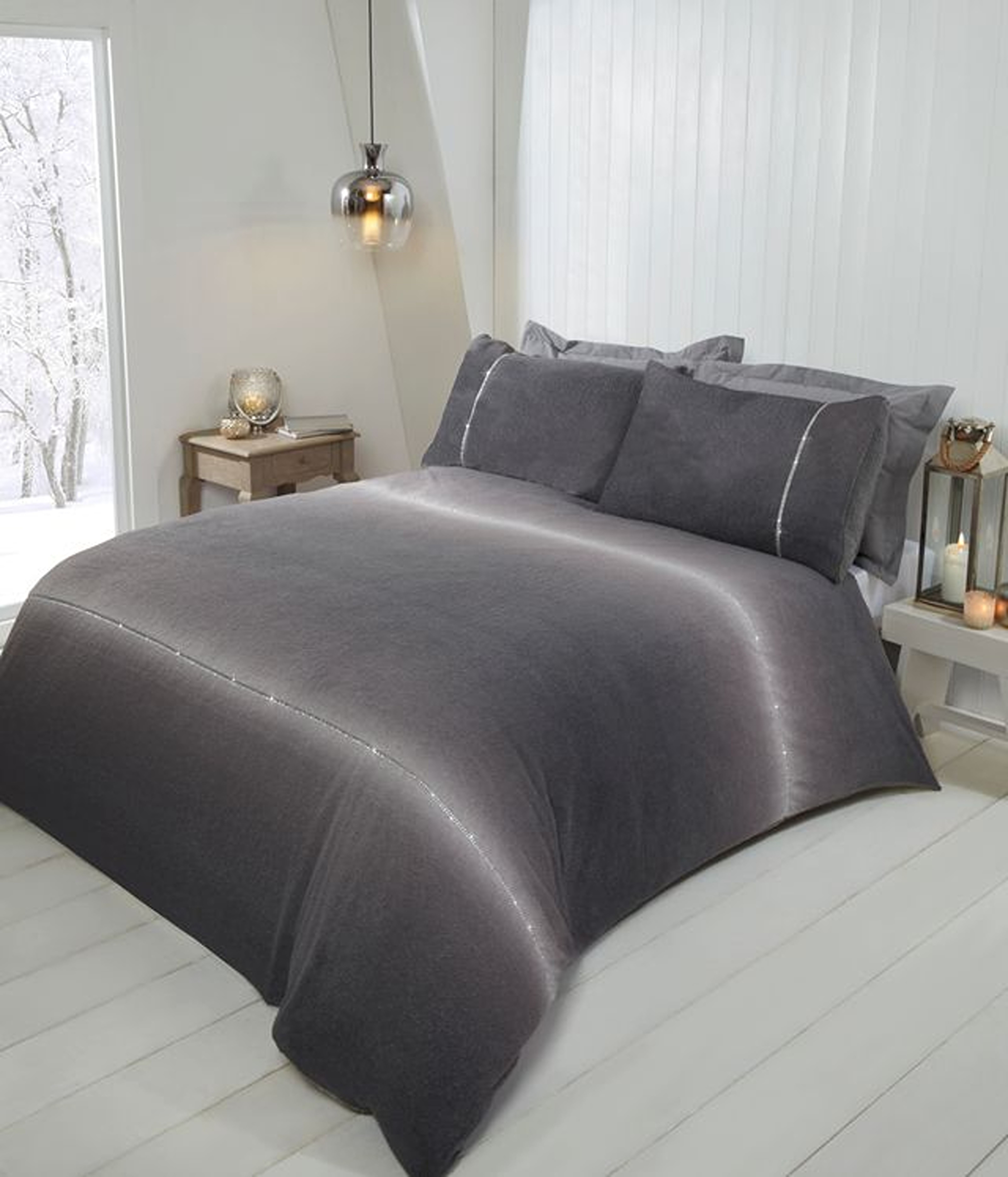 Rapport Home Diamante Teddy Duvet Cover Set with Pillowcase in Grey