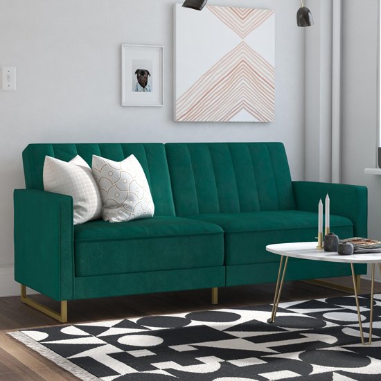 Skylar Velvet Upholstered Sofa Bed In Green With Gold Metal Legs