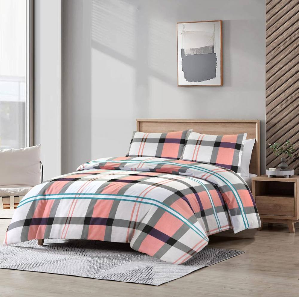 Homes-Linen Checkered Duvet Cover Set in Pink