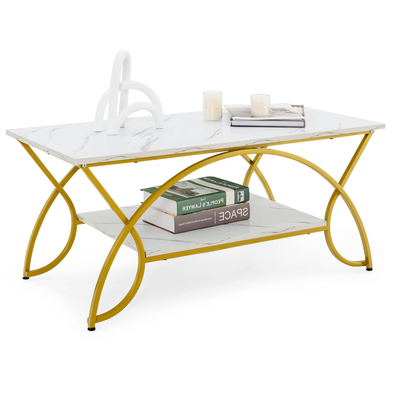 Costway Modern Faux Marble Coffee Table 2-Tier Rectangular Accent Table Chic Cocktail in White