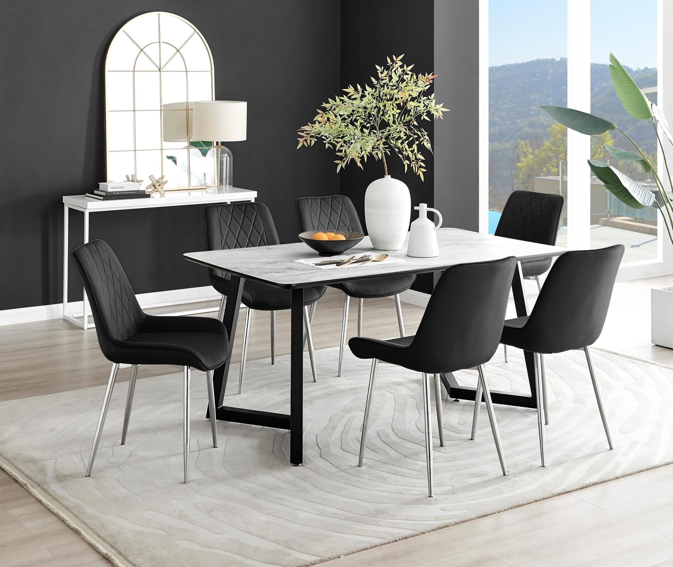 FurnitureboxUK Carson White Marble Effect Dining Table & 6 Pesaro Silver Chairs in Black