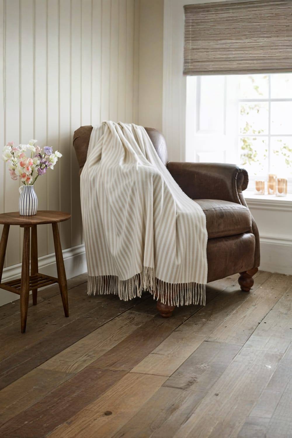 Lobster Creek Salcombe Stripe Supersoft Yarn Dyed Jacquard Woven Throw in Beige