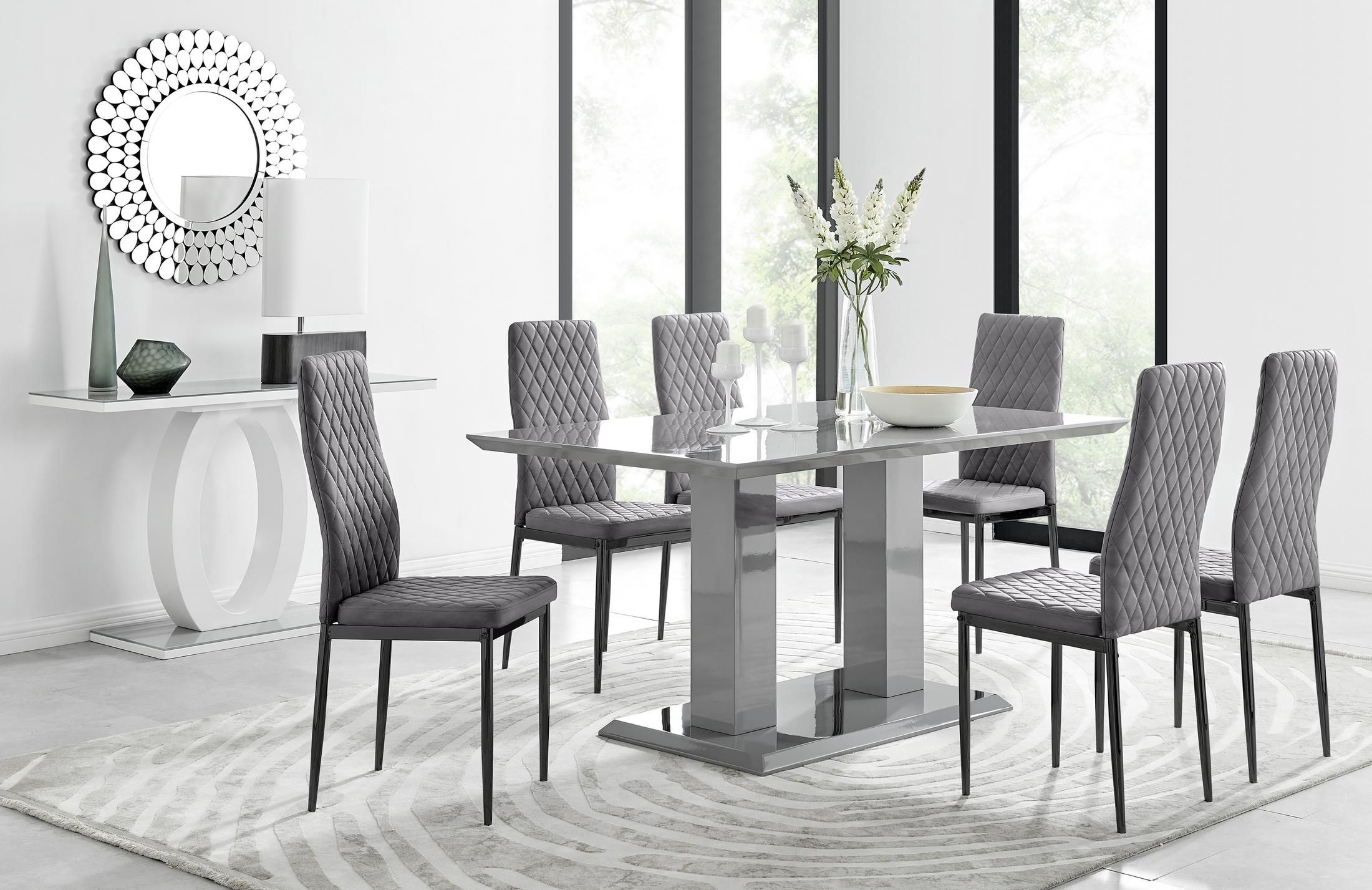 FurnitureboxUK Imperia 6 Grey Dining Table & 6 Velvet Milan Black Leg Chairs