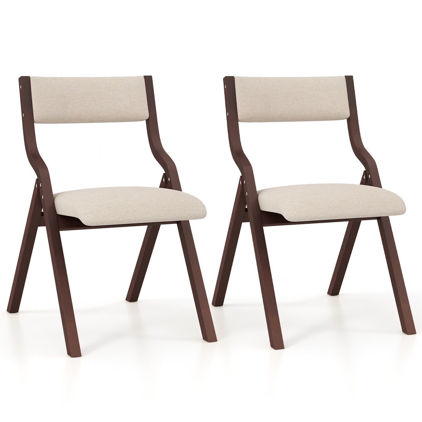 Costway Set of 2 Padded Folding Chair Wooden Counter Dining Chairs W/ Linen Fabric Seat in Brown