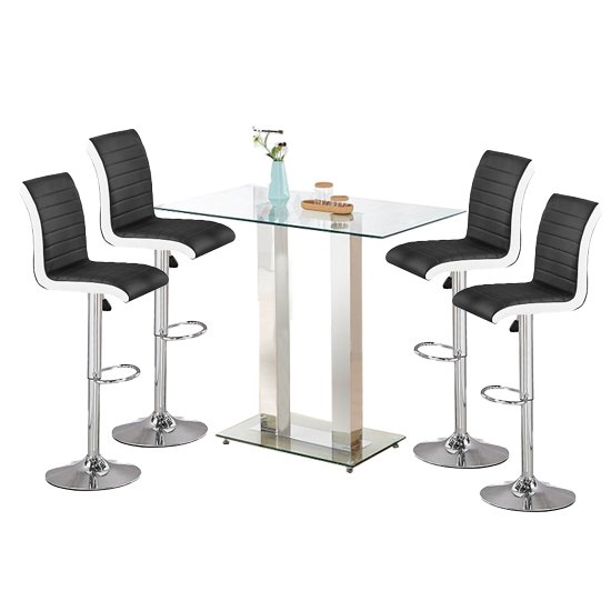 Jet Glass Bar Table With 4 Black And White Ritz Stools
