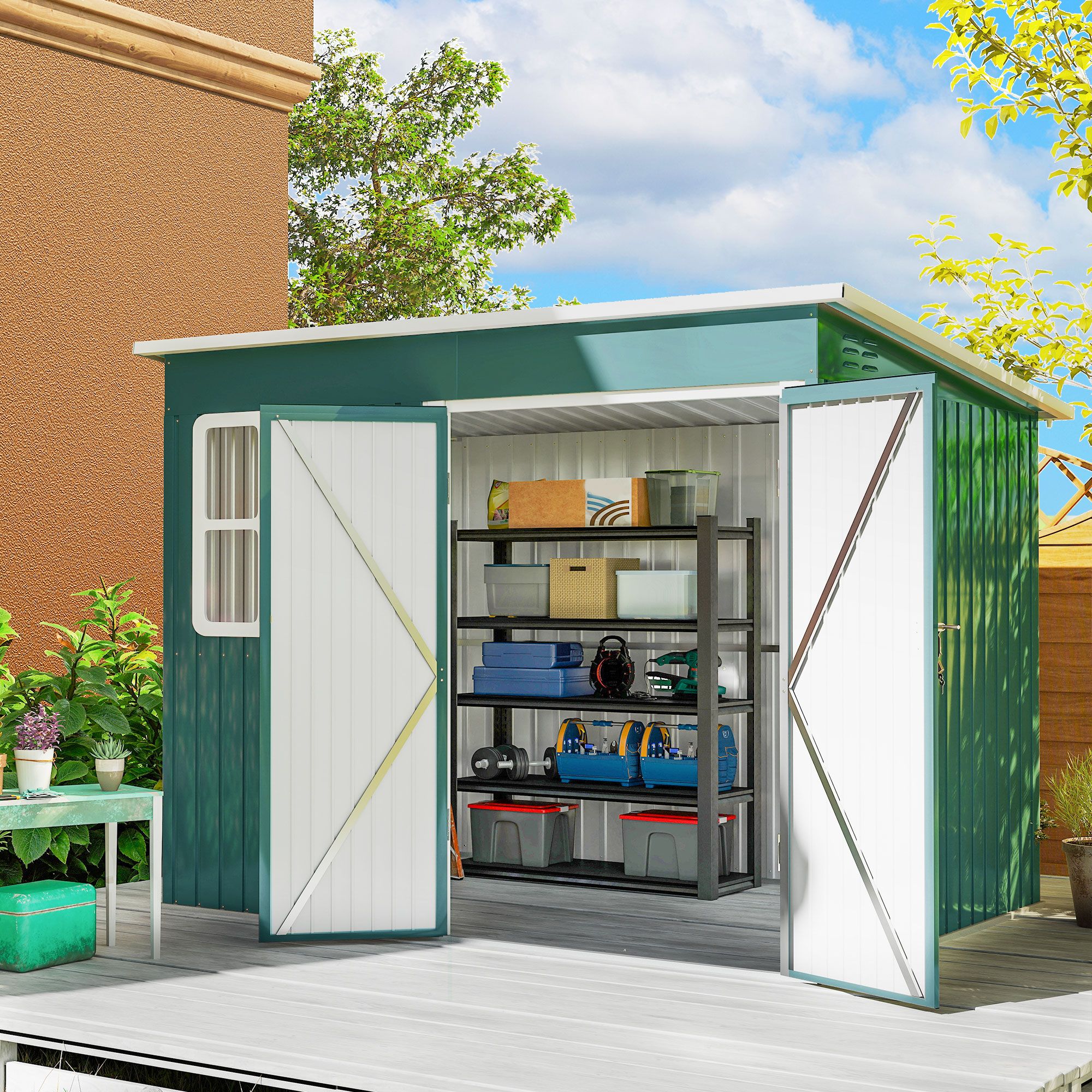 OUTSUNNY 8.5 x 6ft Galvanised Steel Garden Shed with Foundation Kit, Green